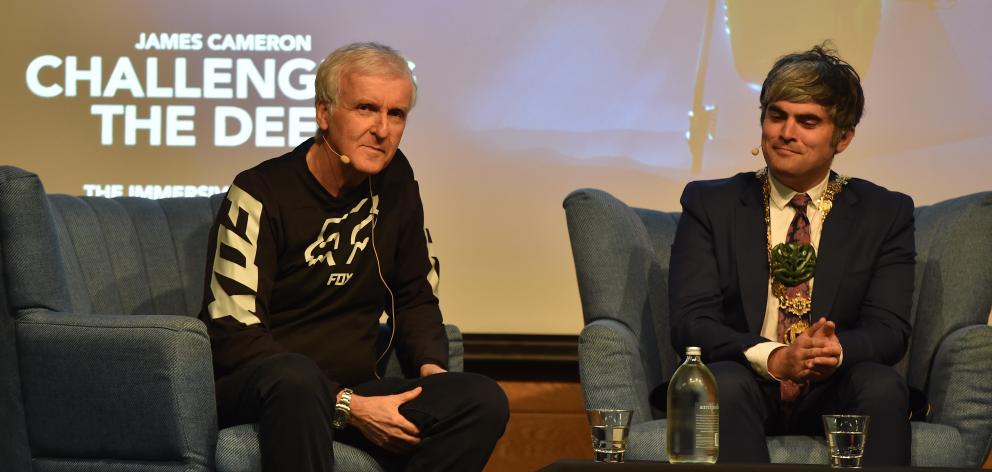 Director and explorer James Cameron (left) leads a talk at the Hutton Theatre yesterday with...