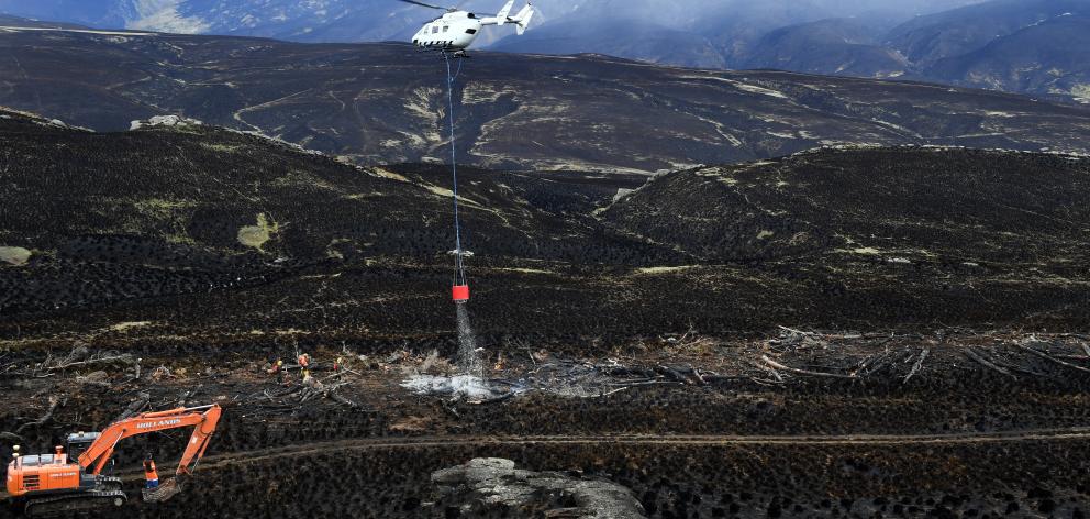 Firefighters and a helicopter work on hot sports at the Te Papanui Conservation Park fire earlier this month. Photo: Stephen Jaquiery