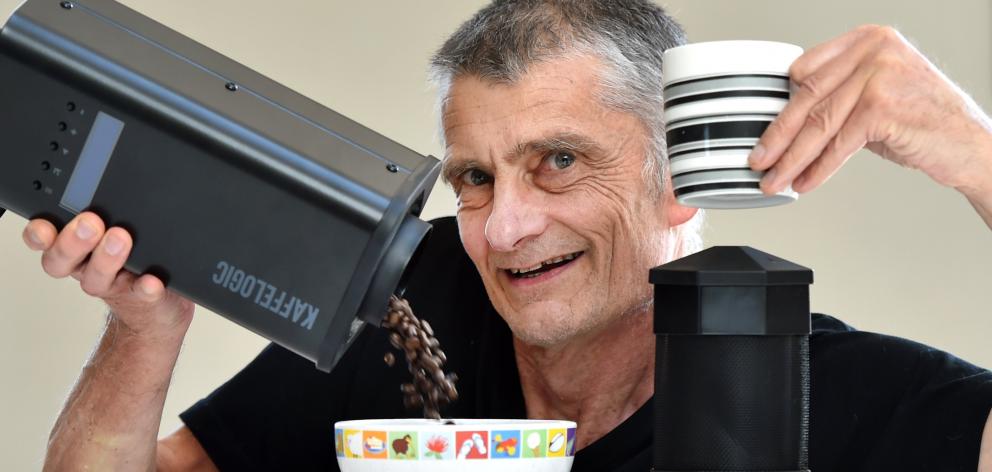 Dunedin inventor Chris Hilder shows off his Kaffelogic bean roasting device. PHOTO: PETER MCINTOSH
