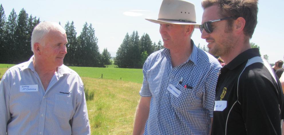 Ravensdown's Gordy McCormick (left), of Mayfield, talks with Ashburton College agriculture teachers Stephen Millichamp (centre) and James List on the farm of Chris and Anne-Marie Allen during the Teachers Day Out event. 