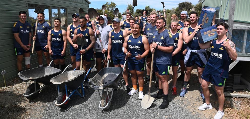 The 2020 Highlanders squad prepares to lend a hand at Orokonui Ecosanctuary yesterday. Photo: Craig Baxter