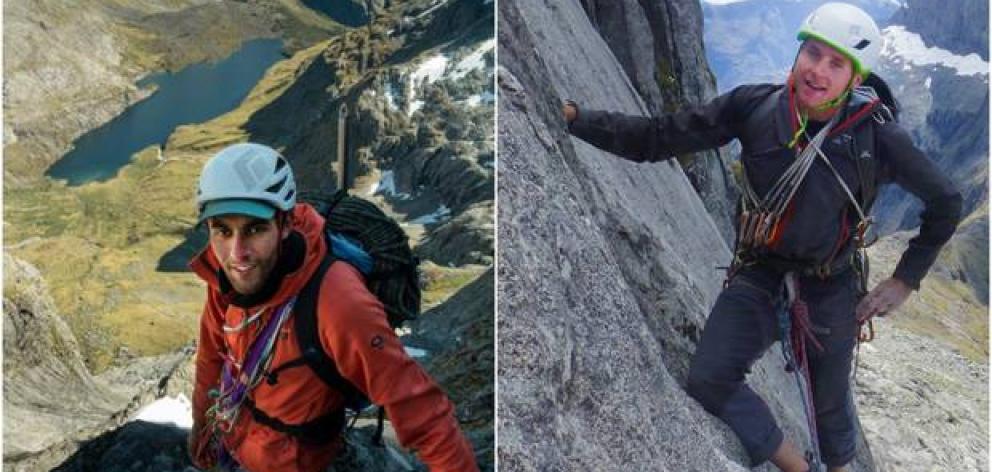 Conor Smith (right) climbing Barrier Knob, in Fiordland in 2016, Sarwan Chand on Sabre Peak in Fiordland in 2016. Photos: New Zealand Alpine Team