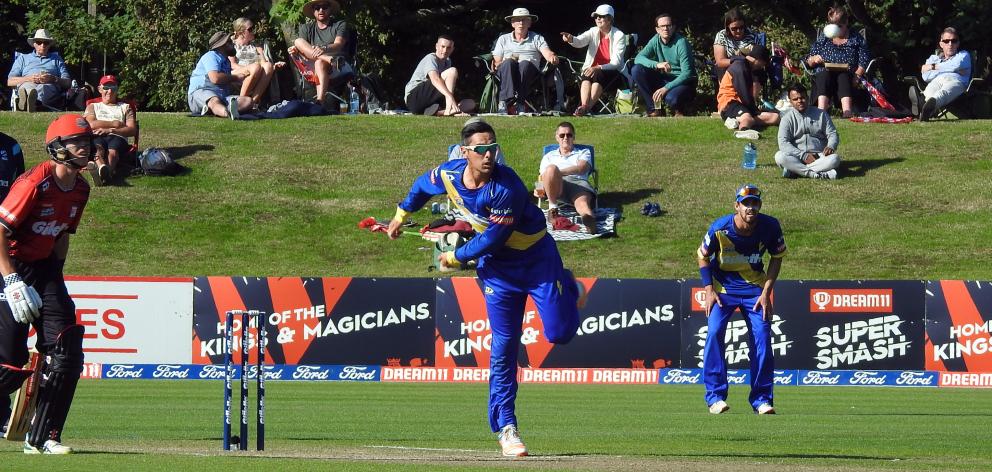 Otago all-rounder Anaru Kitchen bowls during his side Super Smash twenty20 match at the Hagley Oval in Christchurch yesterday. Michael Rippon looks on. Photo: Supplied