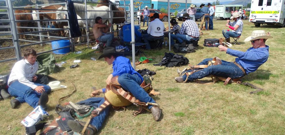 Rodeo entrants (from left) Jack Thomas (14), of Blenheim, Oscar Nott (17), of Wanaka, and Bill...