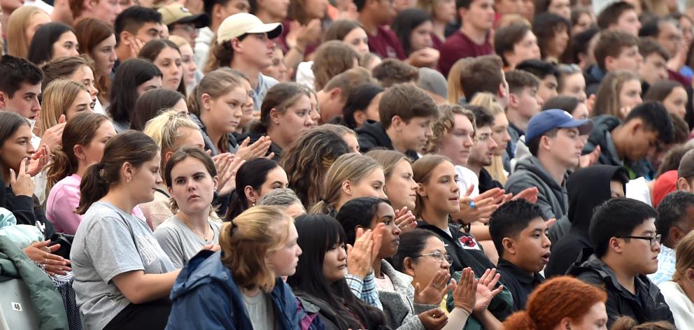 First-year students of the University of Otago listen during the convocation ceremony at Forsyth...