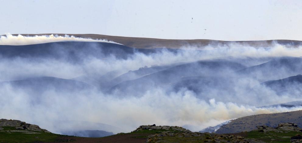Fire-fighting helicopters are dwarfed by a huge blaze burning in the Deep Stream area in November...