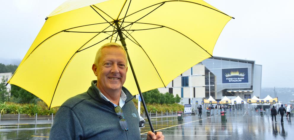 A ‘‘tiny bit of rain’’ could not keep James Vaughan from attending last night’s Elton John concert at the stadium, which is named after his great-uncle Robert Forsyth Barr. Photo: Gregor Richardson