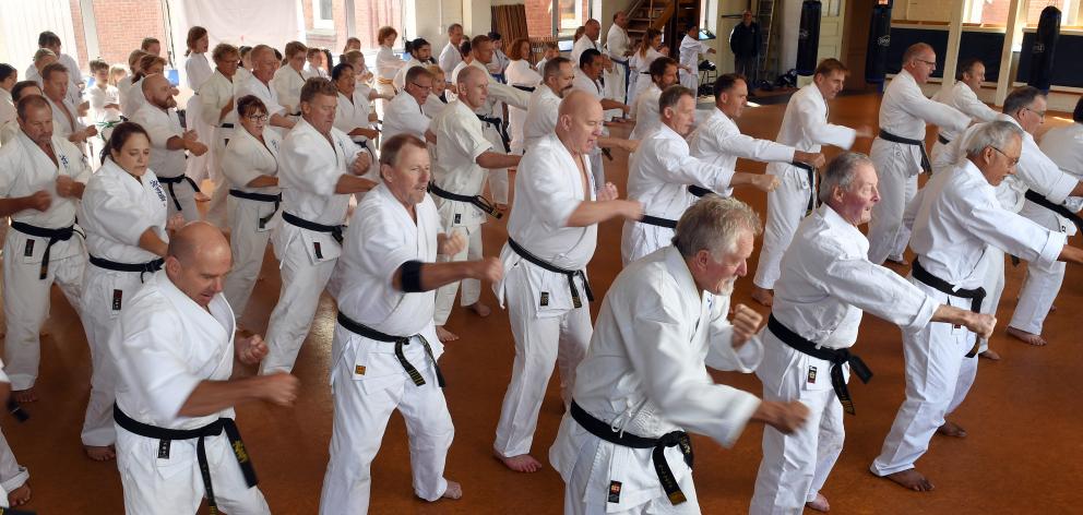 About 90 former and present members of Dunedin’s Seido Karate Club practise the martial art at...