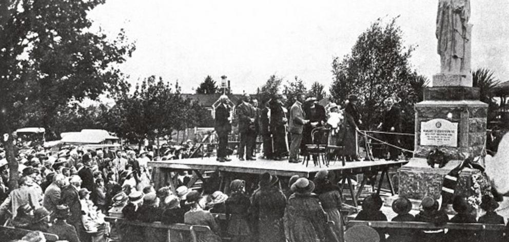 Waimate locals gather in 1923 at the unveiling of a statue commemorating Palmerston-born, Dunedin-trained Dr Margaret Cruickshank — one of the few public memorials to the 1918 pandemic. She was killed by the disease after treating many locals. Photo: Chri