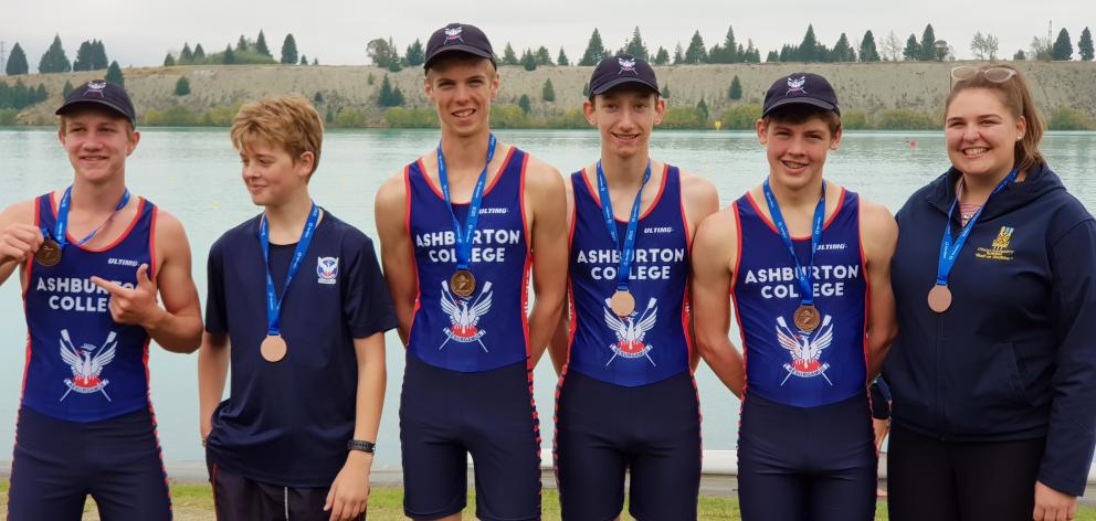 On the podium, and all smiles are Ashburton College rowers bronze medal winners Matthew Pearce,...