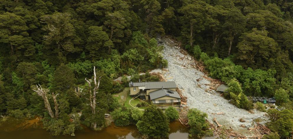 About 30 people were inside Howden Hut on the Routeburn Track when a landslip crashed into it last month. Photo: Stephen Jaquiery