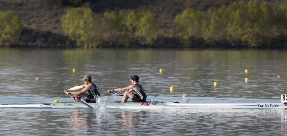 New NZ junior triallists Angus Kenny (left) and Reuben Cook rowing for Otago at Lake Ruataniwha...