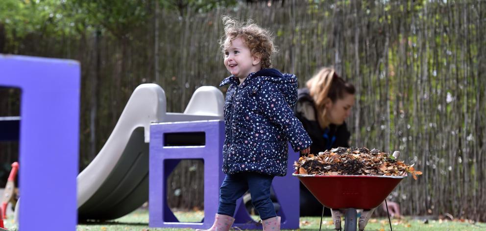 Lucy Elder (1) plays at Beststart Montessori The Gardens in Dunedin yesterday. Photo: Peter McIntosh