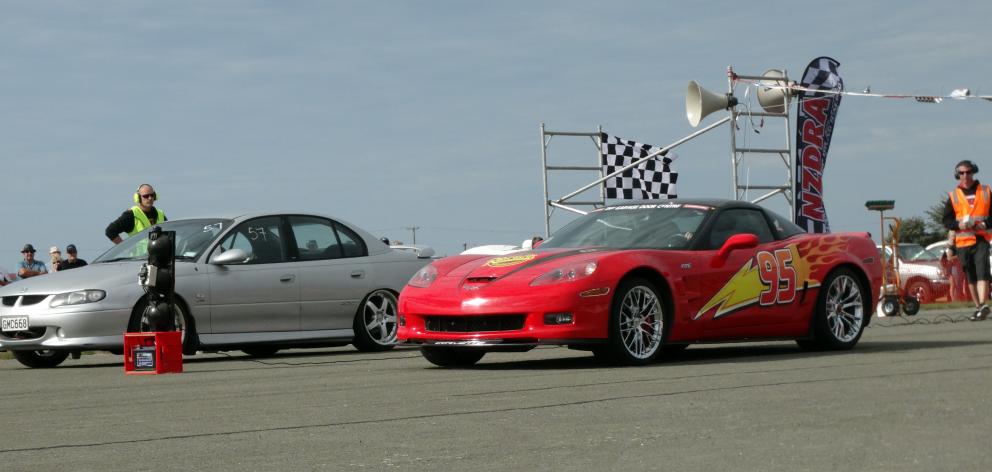 Brian Kyles’ 2012 ZR1 Corvette (right) at the Oamaru drag races at Oamaru Airport on Saturday....