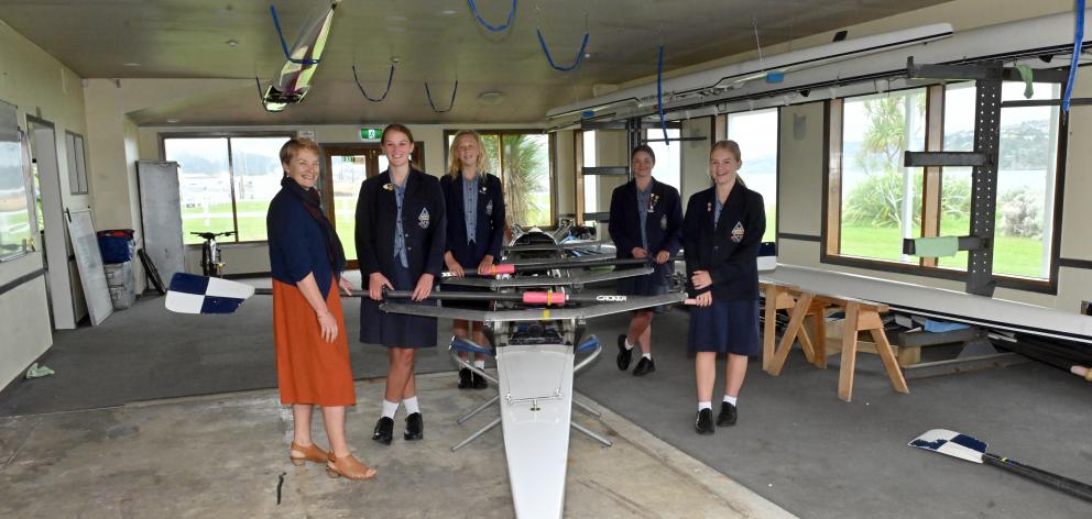 Otago Girls’ High School principal Linda Miller and pupils (from left) Grace Twaddle (15), Harriet Thompson (14), Holley Dodd (16) and Morgan Crossley-Little (15) get ready for the opening of their new classroom by the sea, on the site of the former High