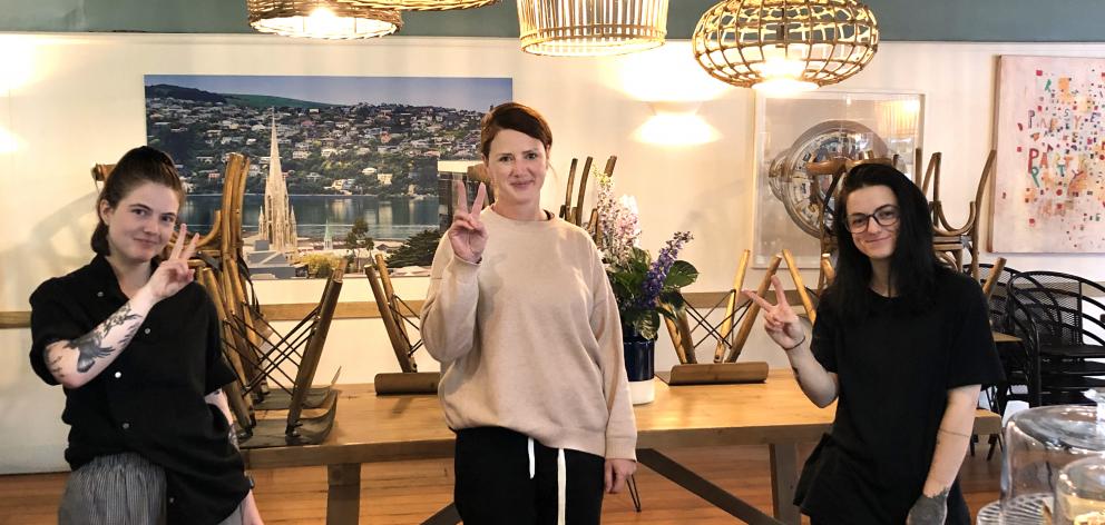 The Perc Central chef Brittany Kingsland (left), owner Sarah Hussey and barista Maddy Clark after they closed the doors of the Dunedin cafe. Photo: Supplied