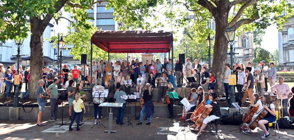 Dunedin supporters of RNZ Concert gathered in the Octagon and made their voices heard in musical...