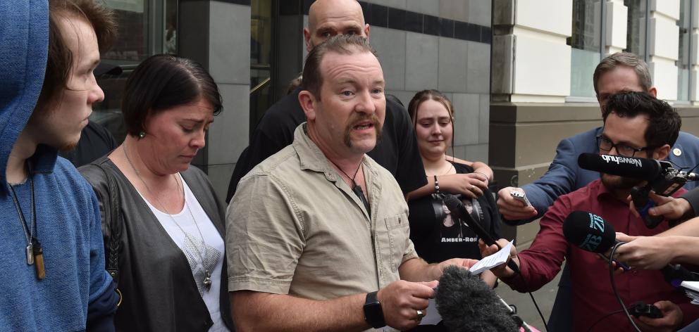 Amber Rose Rush's father Shane Rush gives astatement for the family outside the Dunedin High Court after Venod Skantha was found guilty of her murder last year. Photo: Gregor Richardson