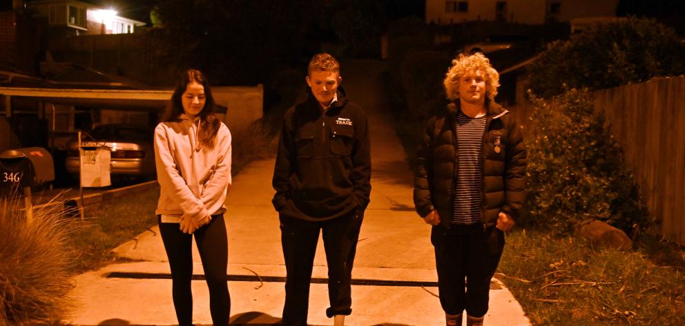 Tiffany Corbett (22), George (23), and Ben McKinlay (25) at their gateway in Kaikorai Valley on Anzac Day morning. photo: CHRISTINE O'CONNOR Tiffany Corbett (22), George (23), and Ben McKinlay (25) at their gateway in Kaikorai Valley on Anzac Day morning. photo: CHRISTINE O'CONNOR