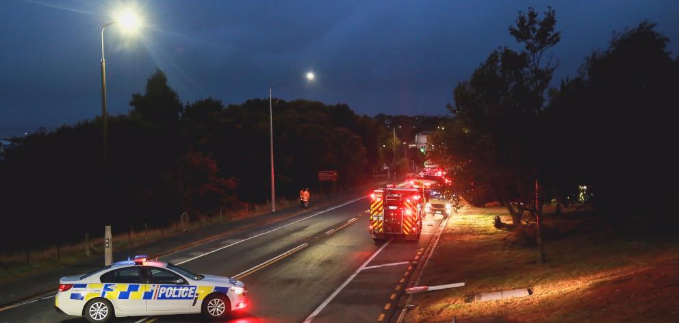 Emergency services at the scene of the crash in Oamaru this morning. Photo: Rebecca Ryan