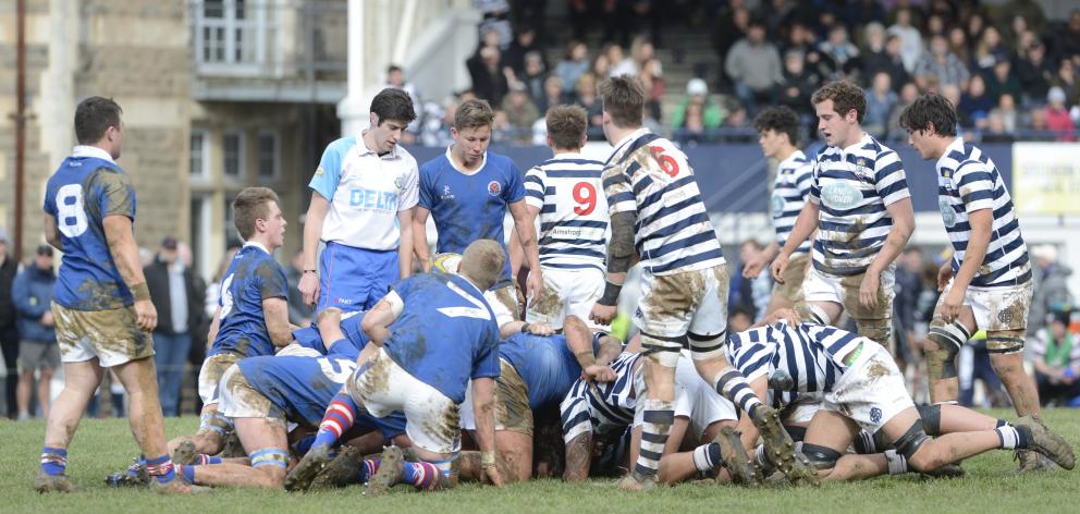 A scrum collapses during the first XV clash between Otago Boys’ High School and Southland Boys’...