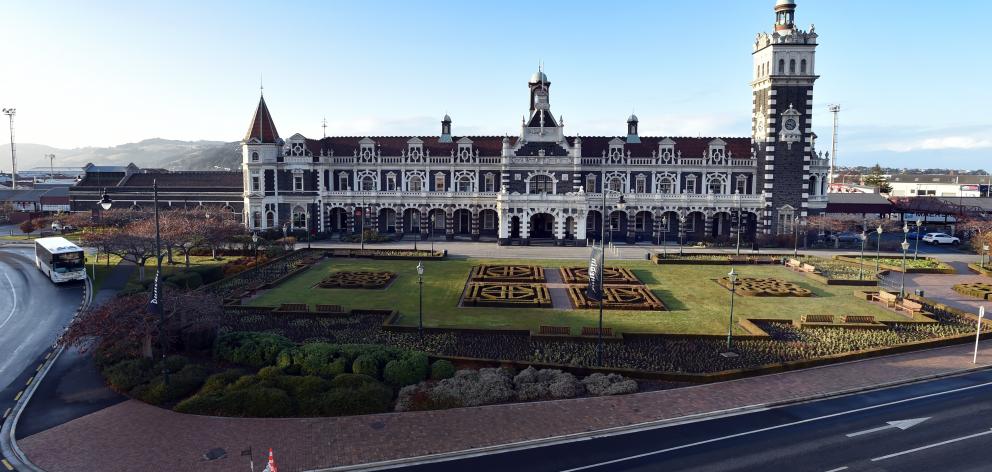 A shadow is cast over the Dunedin Railway Station garden on Friday. PHOTO: PETER MCINTOSH