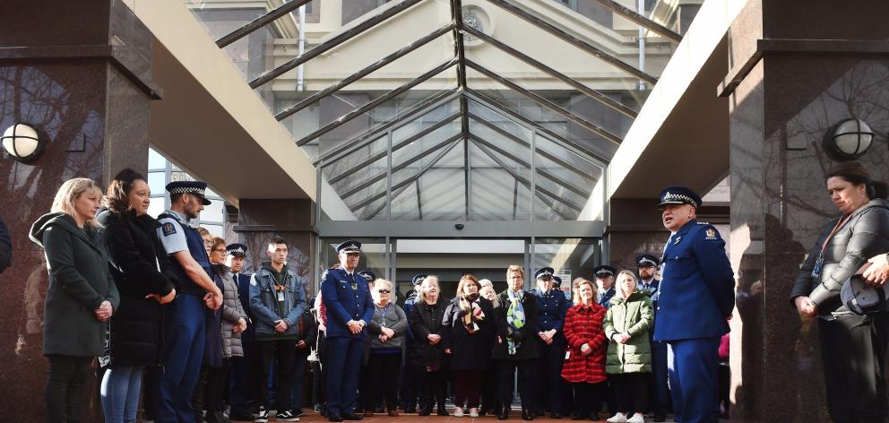 Otago Coastal area commander Inspector Marty Gray speaks to those gathered at the Dunedin police...