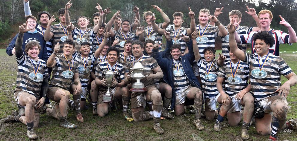 The Otago Boys’ High School First XV celebrates after beating King’s High School in last year’s...