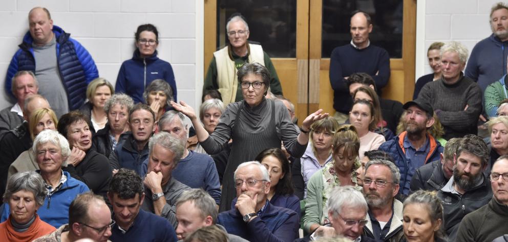 Barbara Armstrong, of Cromwell, makes a point during a meeting in Tarras last night over the...