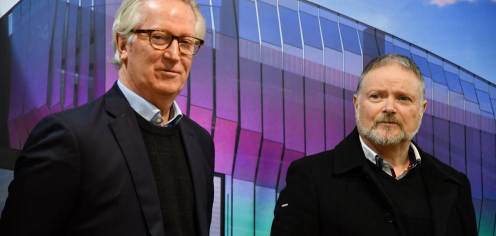 Invercargill Central Limited project director Geoff Cotton (left) with Amalgamated Builders Ltd regional director Bruce Middleton at a press conference this morning. Photo: Laura Smith Invercargill Central Limited project director Geoff Cotton (left) with Amalgamated Builders Ltd regional director Bruce Middleton at a press conference this morning. Photo: Laura Smith