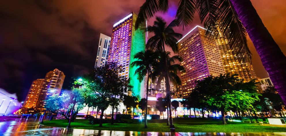 Palms and colorful skyscrapers in downtown Miami at night. Southern Florida, USA. Photo: Getty Images