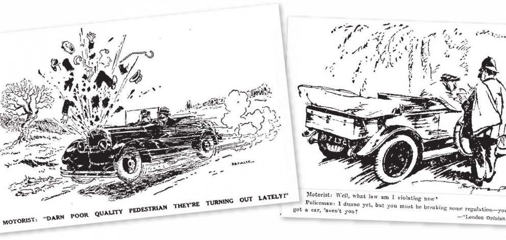 Left: Motorist: Darn poor quality pedestrian they’re turning out lately! 
...