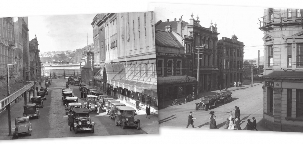 Cars parked in Brandon St, Wellington circa 1932. Right: Cars parked in Moray Pl, Dunedin. IMAGES...
