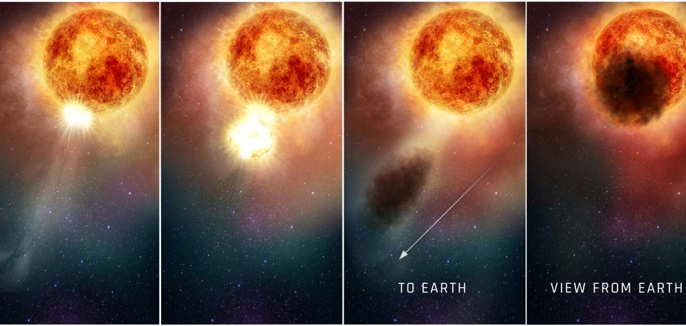 This four-panel illustration shows how the southern region of the rapidly evolving, bright, red supergiant star Betelgeuse may have suddenly become fainter for several months during late 2019 and early 2020. Photo: NASA/ESA/E. Wheatley (STScI)/Handout via