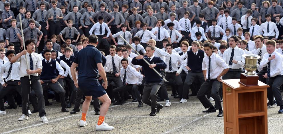 Otago Nuggets coach Brent Matehaere faces a haka from Otago Boys’ High School pupils as he...