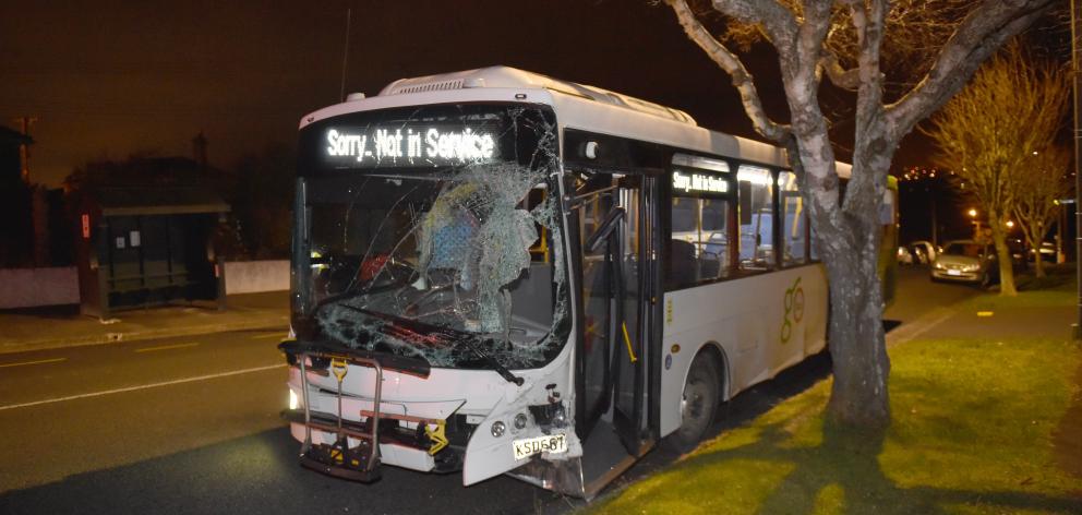 A bus, believed to have been stolen, came to a stop in Pine Hill Rd, Dunedin, after crashing into...