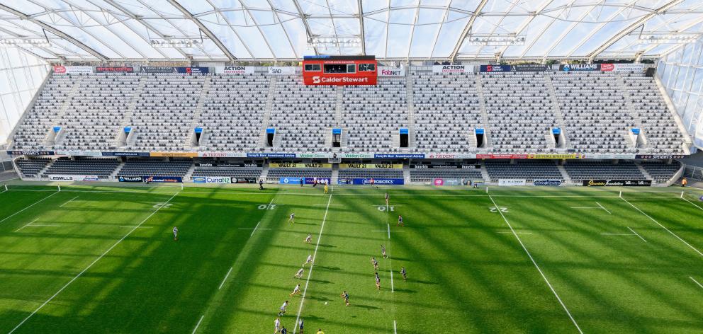 The stands are empty during the round 10 Super Rugby Aotearoa match between the Highlanders and...