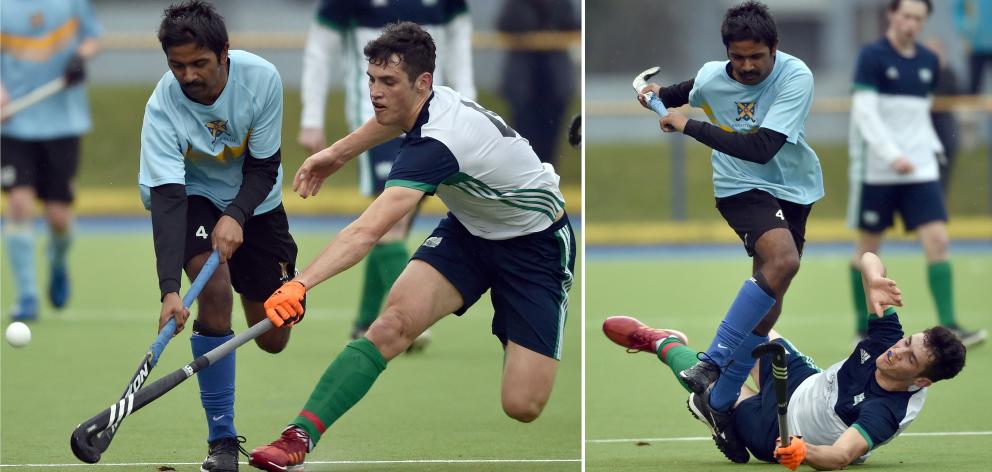 University Blue Whales player Davanand Bhikha (left) and Kings United’s Zach Mason fight for the...