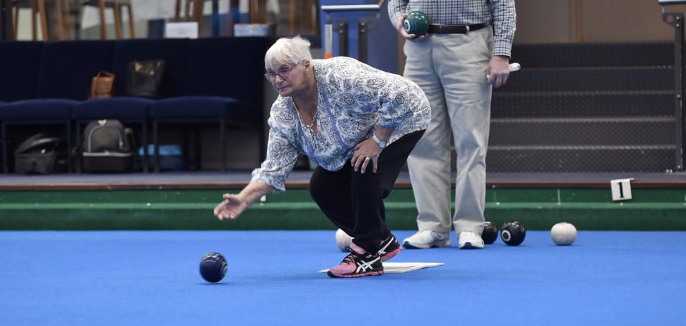 Anne Craik plays during the Dunedin Lawn Bowls Stadium’s 25th anniversary tournament on Sunday....