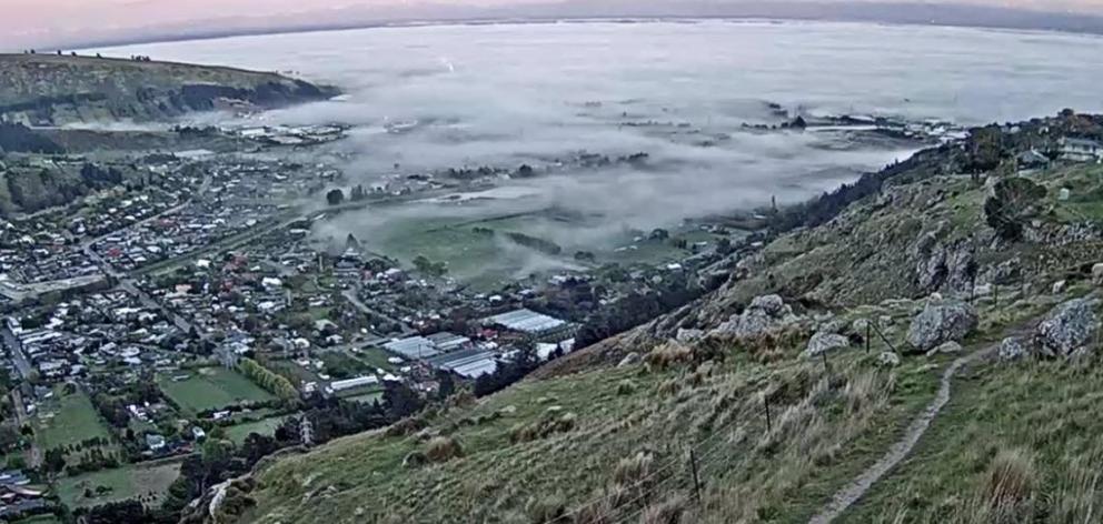 Fog rolls in on Christchurch this morning. Photo: Christchurch Transport Operations Centre
