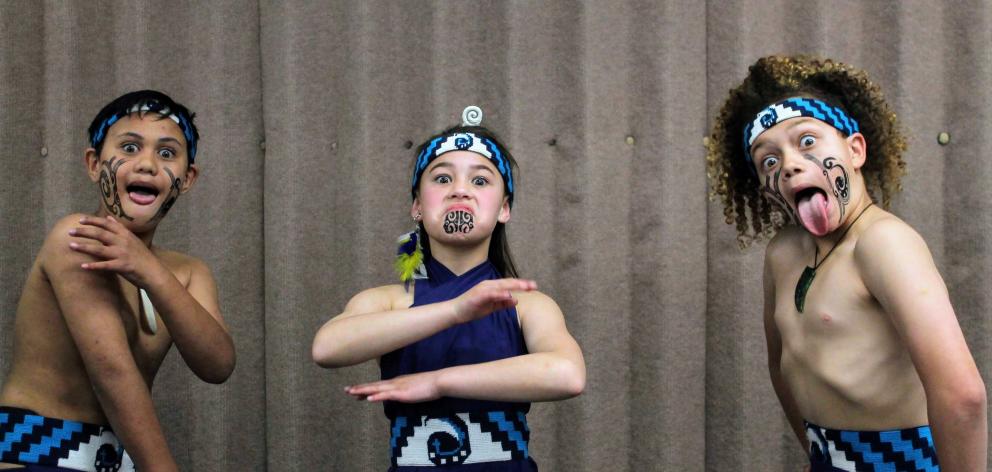 Waverley Park School pupils Rahiri Cooper, Raiha Blair and Tane Furlonge show their pukana. PHOTO...