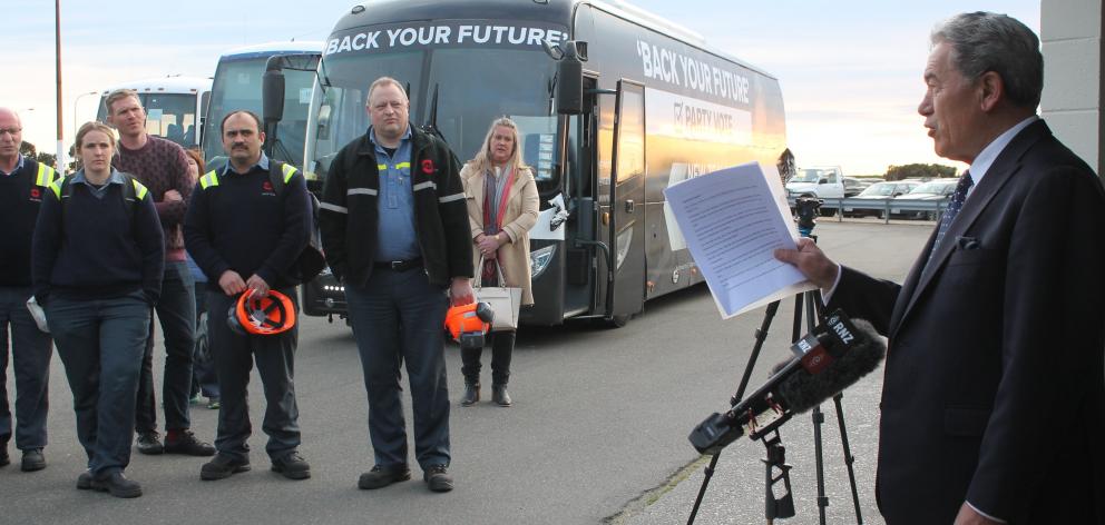 New Zealand First leader Winston Peters address dozen of Tiwai workers during his ‘‘Back Your...