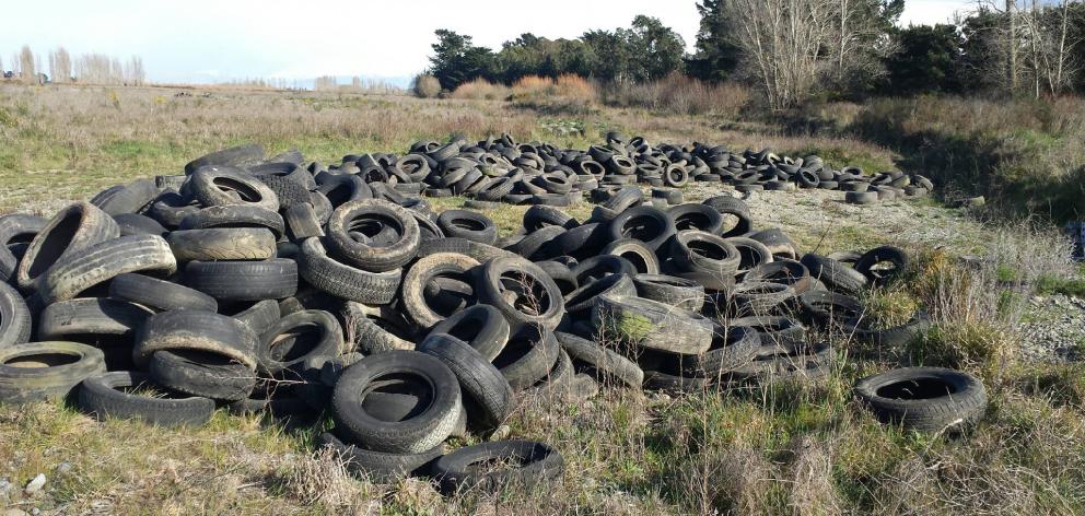 The 800-1000 tyres that were found discarded at the Selwyn River earlier this month. Photo: Supplied
