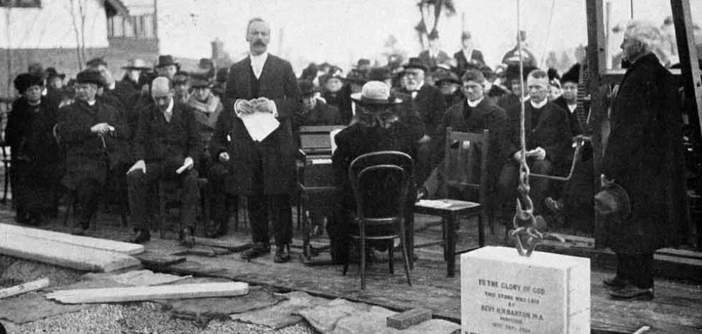 Rev H. Barton addresses the gathering at the laying of the foundation stone of the new Maori Hill...