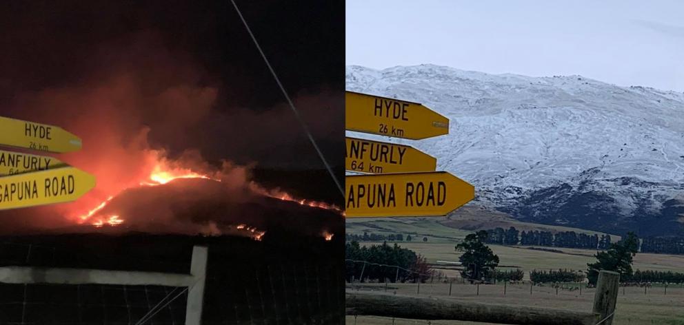 Fire burns on the Rock and Pillar Range above Middlemarch last night (left) while snow blankets the same area this morning (left). Photos: Kate Wilson