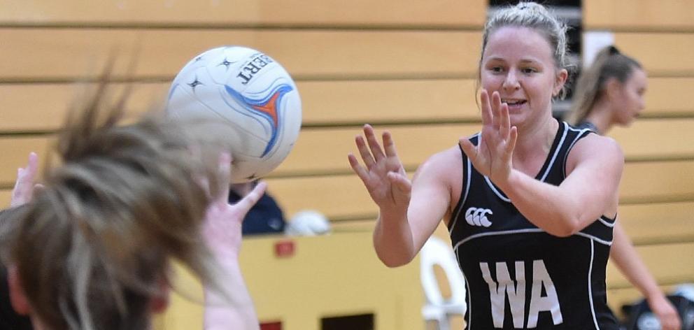Southern Magpies wing attack Zoe Flockton passes the ball during their match against Physed A at...