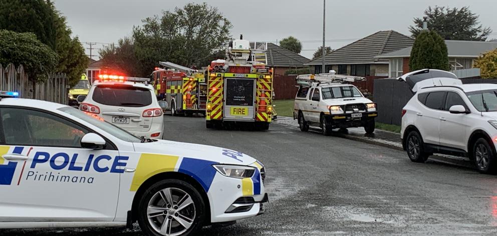 Emergency services at the scene of an explosion in Invercargill this afternoon. Photo: Abbey Palmer