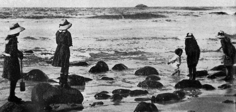 Children on the beach at St Clair, Dunedin. — Otago Witness, 21.9.1920. 
...