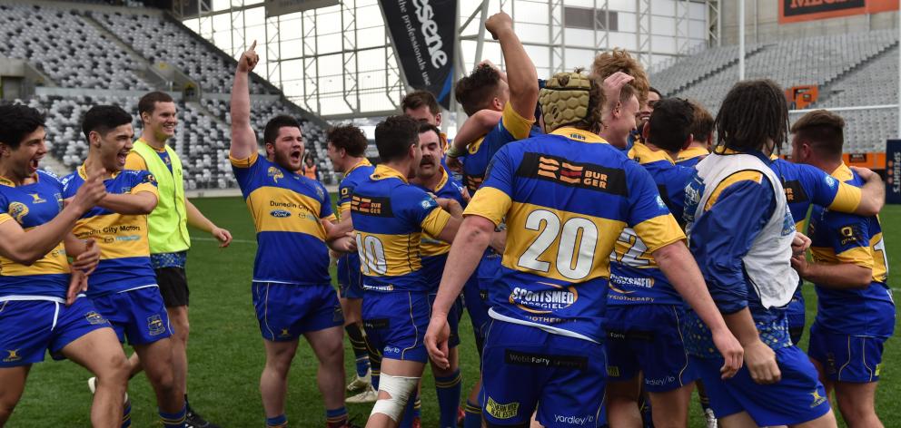 Taieri celebrate their impressive win over Varsity in the Dunedin Premier club rugby final at...
