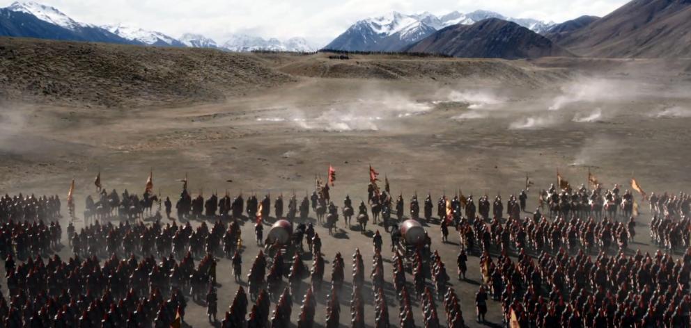 Actors work on a battle scene for Mulan in the Ahururi Valley, in a still from a video released...